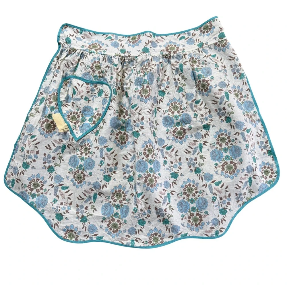 Vintage Lenore Fabrics Floral Half Apron Blue Cream Cottagecore Heart Pocket NOS